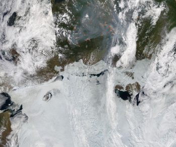 Figure 5. This Moderate Resolution Imaging Spectroradiometer (MODIS) image from June 25, 2024, shows location of fires over Siberia (red) and the smoke plumes. ||Credit: NASA| High-resolution image 