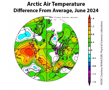 Figure 2a. This plot shows the departure from average air temperature in the Arctic at the 925 hPa level, in degrees Celsius, for June 2024. Yellows and reds indicate above average temperatures; blues and purples indicate below average temperatures.||Credit: NSIDC courtesy NOAA Earth System Research Laboratory Physical Sciences Laboratory| High-resolution image 