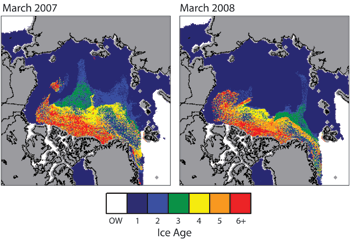 Two maps of sea ice age side-by-side