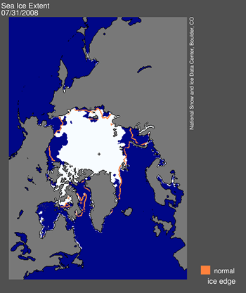 Map of sea ice from space, showing sea ice, continents, ocean