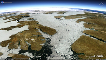 View of Arctic from above showing ice age