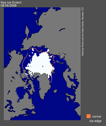 Map of sea ice from space, showing sea ice, continents, ocean