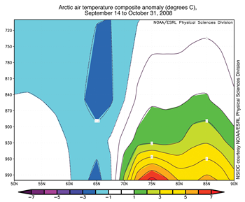 Map showing arctic air temperature anomolies in bright colors
