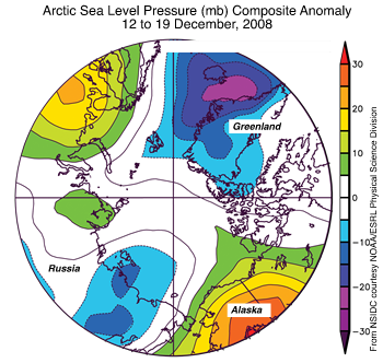 Map showing arctic air temperature anomolies in bright colors