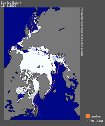 Daily Arctic sea ice extent map for February 15, 2009, showed areas of open water which should have appeared as sea ice. Sea Ice Index data. —Credit: National Snow and Ice Data Center