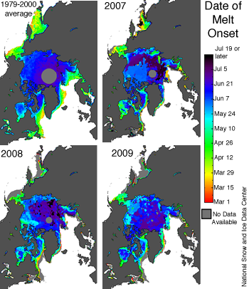 map showing melt onset date in Arctic for 2007, 2008, 2009, and 1979-2000 average