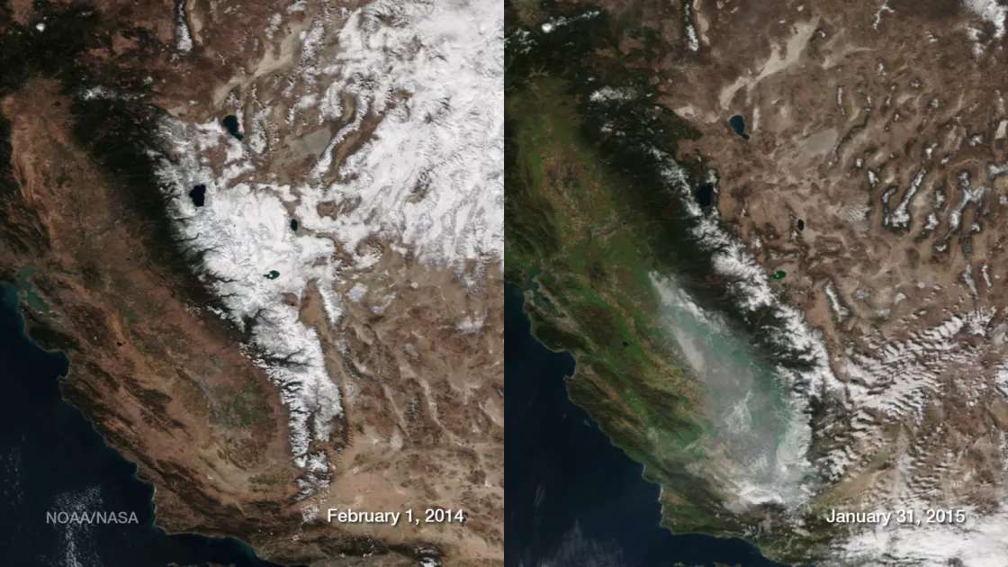 VIIRS data images of Sierra Nevada snowpack, comparing 2014-2015