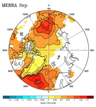 Data image showing a model of water vapor over the Arctic during the month of September