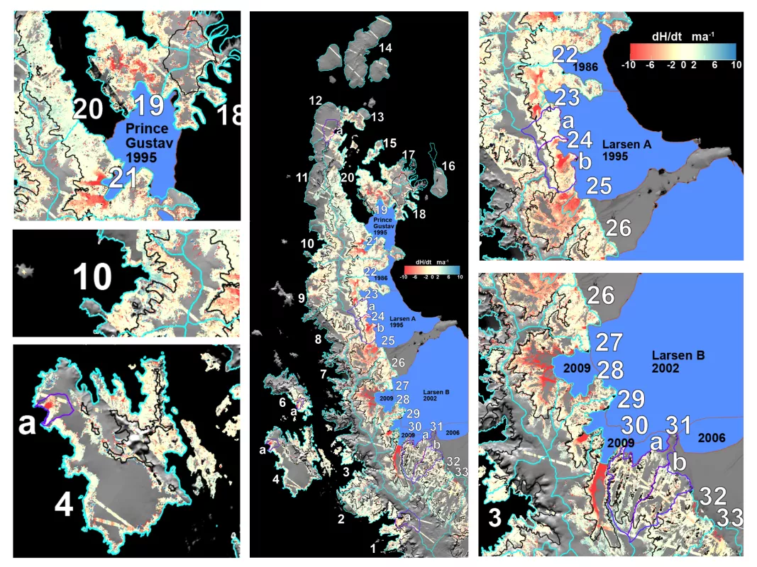 This map shows elevation change rates for major and minor glacier basin or islands for the northern Antarctic Peninsula study area. Cyan outlines indicate the measured study basins and islands. Major ice shelf retreat areas since 1980 are indicated in blue, including the 1995 and 2002 ice shelf major collapse events. Credit: Terry Haran, NSIDC