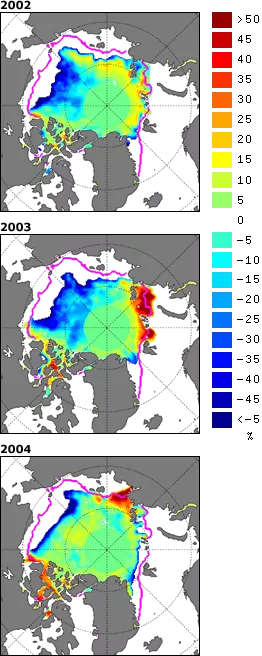 Sea ice extent maps for 2002, 2003, and 2004