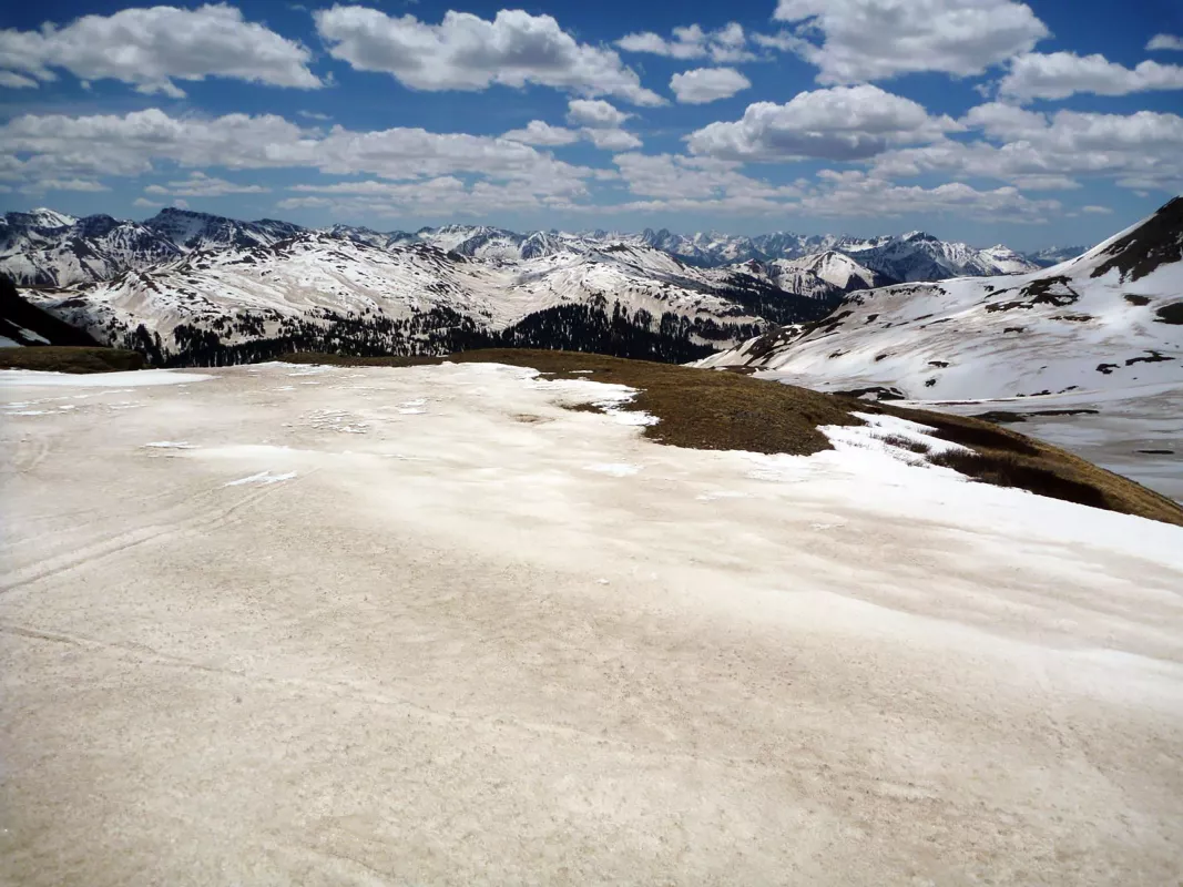 Dust on snow darkens its surface in this image of Rocky Mountains