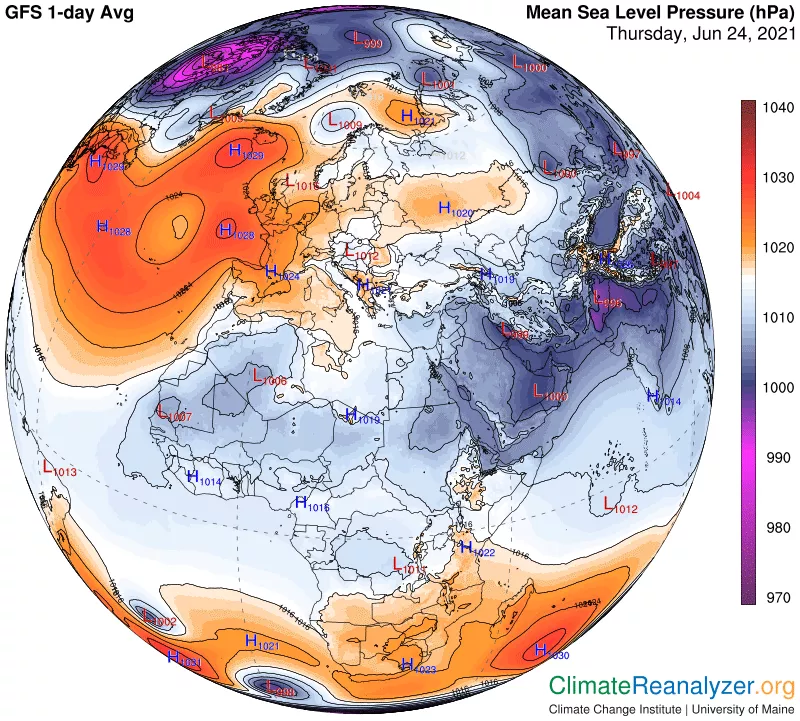 An illustration of global sea level pressure on June 24, 2021