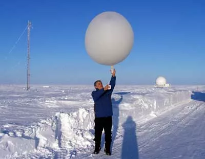 researcher launching a radiosonde on a weather balloon