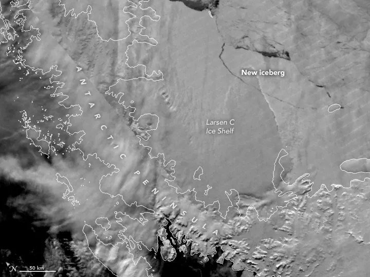VIIRS data image of Antarctic iceberg A-68 breaking off Larsen C Ice Shelf, July 2017