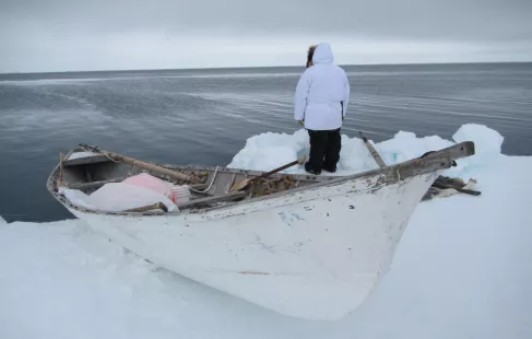 Billy Adams observes the environment from the ice lead edge near Utqiaġvik, Alaska. This photo is part of an observation record in the AAOKH online database developed by ELOKA. Credit: Mette Kaufman Billy Adams observes the environment from the ice lead edge near Utqiaġvik, Alaska. This photo is part of an observation record in the AAOKH online database developed by ELOKA. Credit: Mette Kaufman