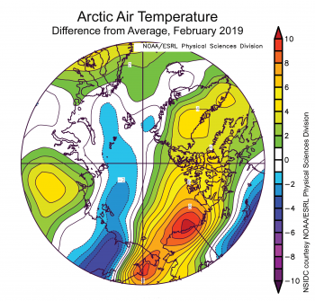 Figura 2X Este gráfico mostra a partida da temperatura média do ar no Ártico no nível de 925 hPa, em graus Celsius, para XXXmonthXX 20XX. Amarelos e vermelhos indicam temperaturas acima da média; blues e roxos indicam temperaturas abaixo da média. || Crédito: NSIDC cortesia NOAA Earth System Research Laboratory Divisão de Ciências Físicas | Imagem de alta resolução