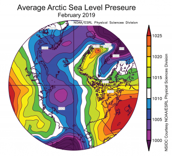 Figura 2X Este gráfico mostra a partida da pressão média do nível do mar no Ártico no nível de 925 hPa, em graus Celsius, para XXXmonthXX 20XX. Amarelos e vermelhos indicam pressões de ar superiores à média; azuis e roxos indicam pressões de ar abaixo da média. || Crédito: NSIDC cortesia NOAA Sistema de Pesquisa de Terra Laboratório Divisão de Ciências Físicas | Imagem de alta resolução