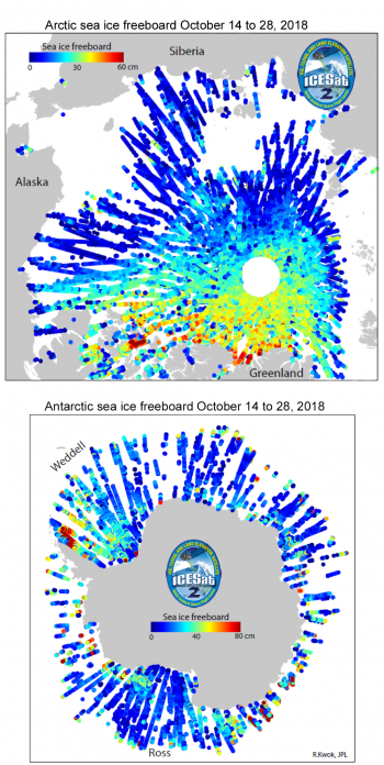Figura 4. Estes mapas mostram o bordo livre de gelo marítimo preliminar (altura da neve ou superfície de gelo acima do oceano) a partir de duas semanas de dados ICESat-2 adquiridos em outubro de 2018. Observe que tanto a escala espacial como a vertical são diferentes para os dois mapas . || Crédito: R. Kwok, Laboratório de Propulsão a Jato | Imagem em alta resolução