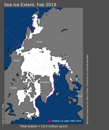 Figura 1. A extensão do gelo do mar Ártico para XXXX 20XX foi de X.XX milhões de quilômetros quadrados (X.XX milhões de milhas quadradas). A linha magenta mostra a extensão média de 1981 a 2010 para esse mês. Dados do Ice Ice Index. Sobre os dados || Crédito: National Snow and Ice Data Center | Imagem de alta resolução