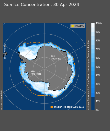Concentrazione Ghiacci Polo Sud. La linea arancio indica la differenza rispetto alla media 1981-2010