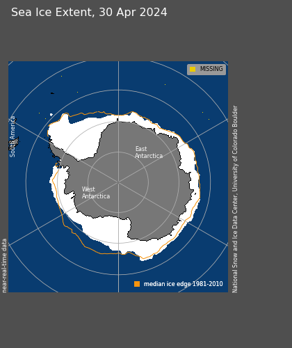 Estensione dei ghiacci Polo Sud. La linea arancio indica la differenza rispetto alla media 1981-2010