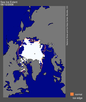 Map of sea ice from space, showing sea ice, continents, ocean