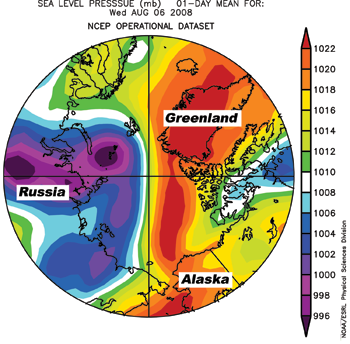 Satellite view of Arctic shwoing color bands