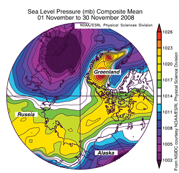 Map showing arctic sea level pressure anomolies in bright colors