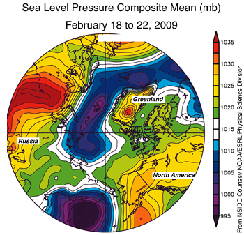 map showing arctic with sea level pressure in bright colors