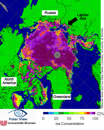 map of sea ice concentration, July 5, 2009