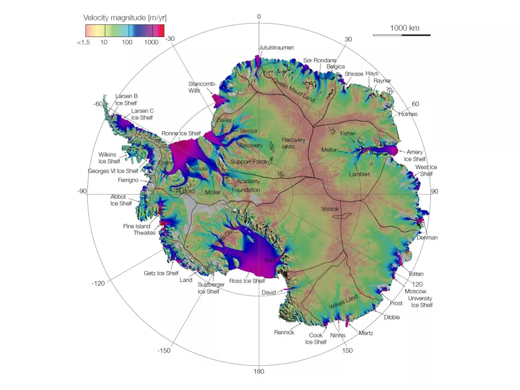 Map of speed and direction of ice flow in Antarctica