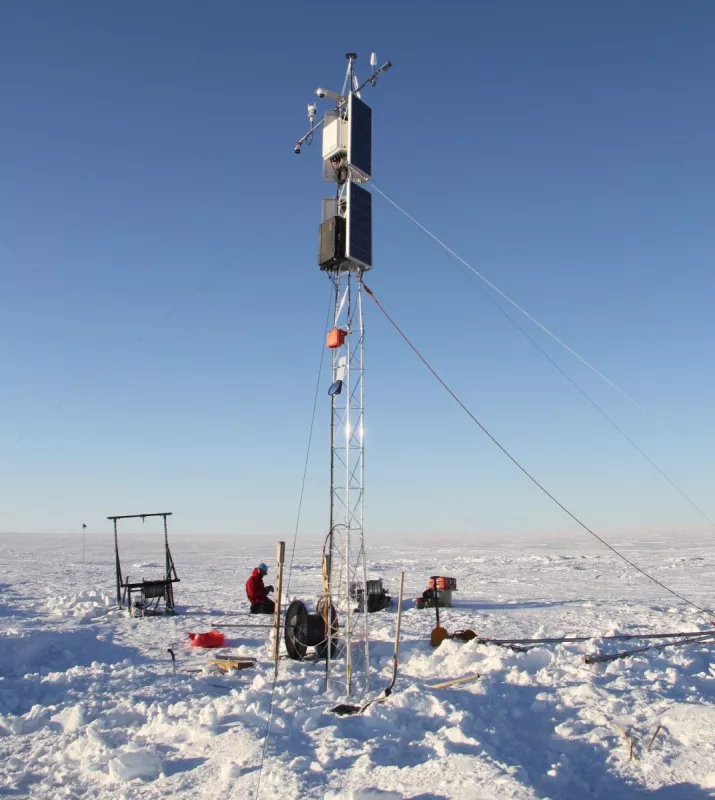 The AMIGOS-III A tower was installed on the Thwaites Ice Shelf. The tower stands roughly 7 meters (22 feet) above the snow surface to allow it to operate through two to three years of snow accumulation. Credit: Ted Scambos 