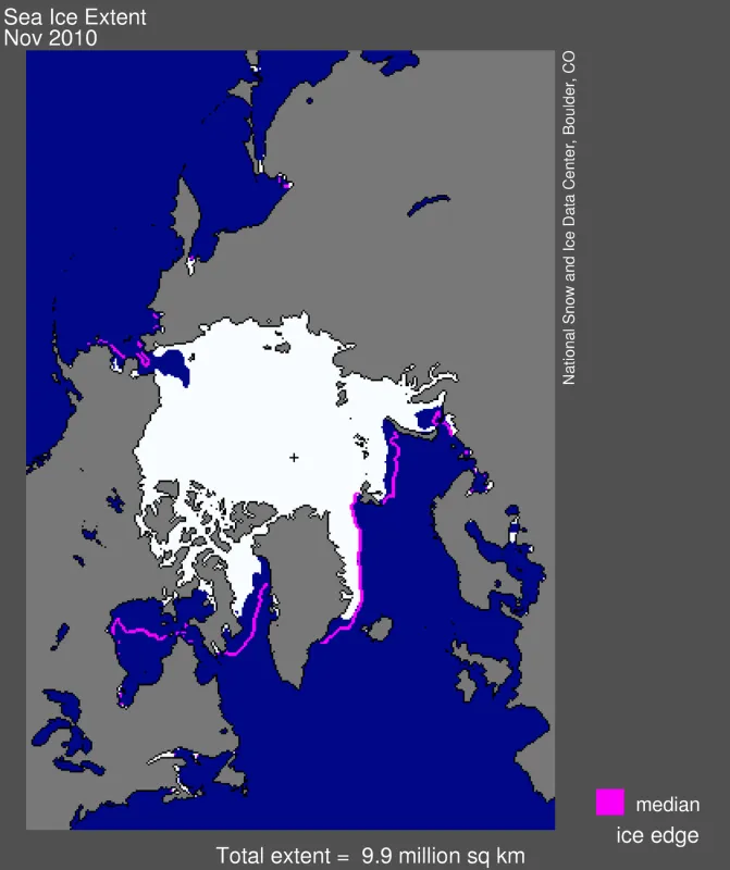 Arctic sea ice extent for November 2010 was 9.89 million square kilometers