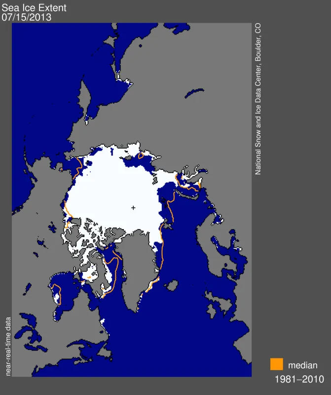  Arctic sea ice extent for July 15, 2013 was 8.20 million square kilometers (3.17 million square miles).