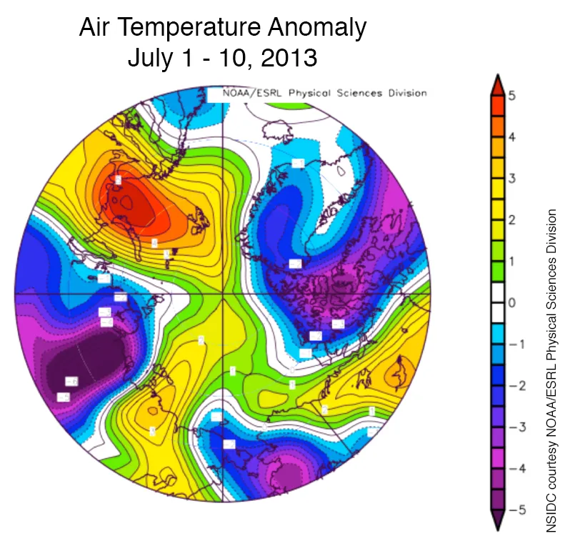 Image of air temperature anomalies at the 925 hPa level from July 1 to 10 July 10, 2013.