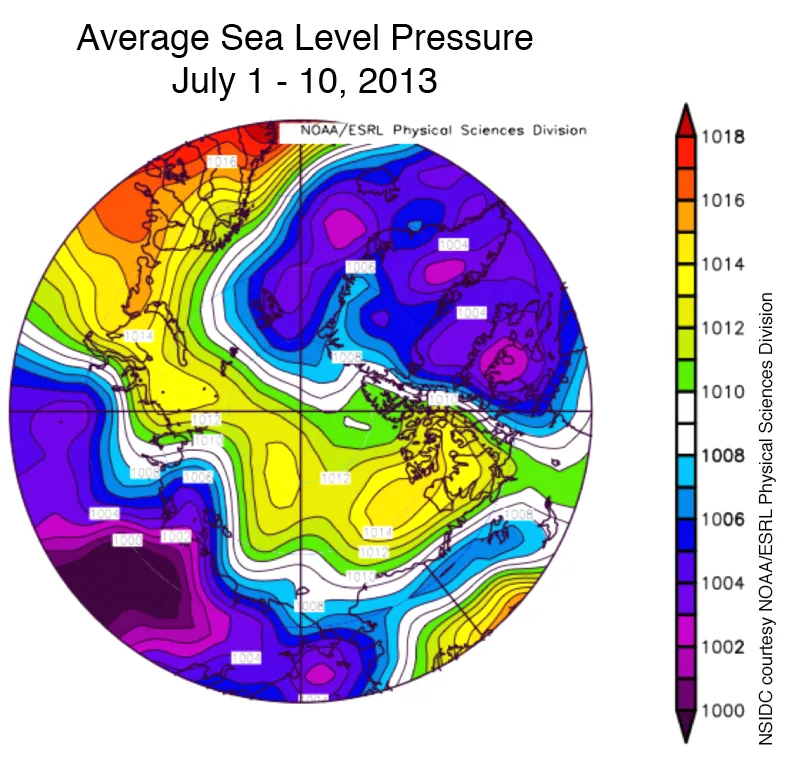 This image of average sea level pressure, shows high pressure in the central Arctic. 