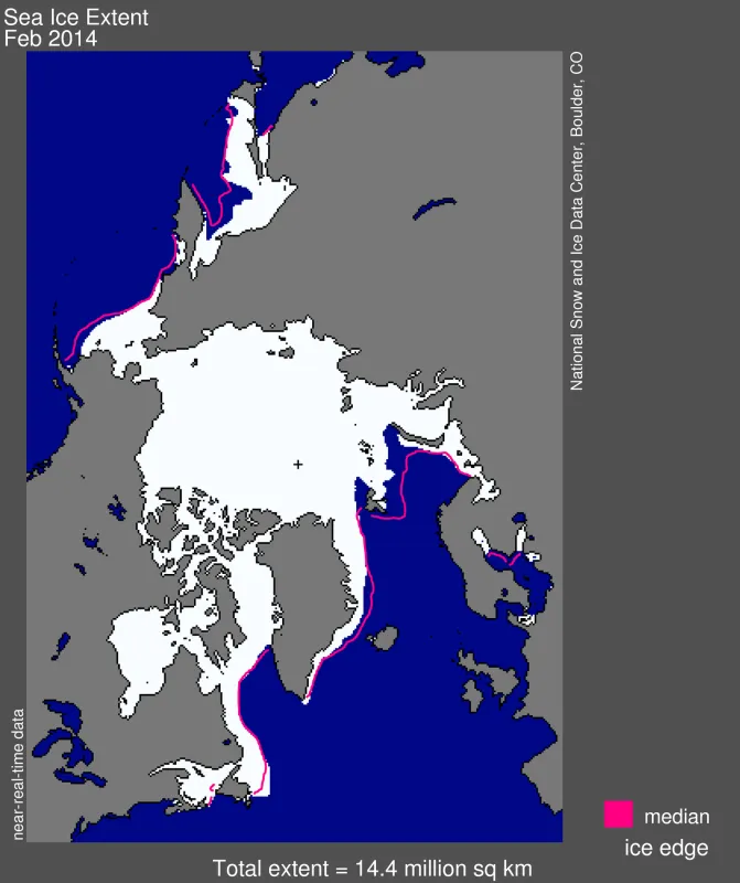 Arctic sea ice extent for February 2014 was 14.44 million square kilometers (5.58 million square miles).