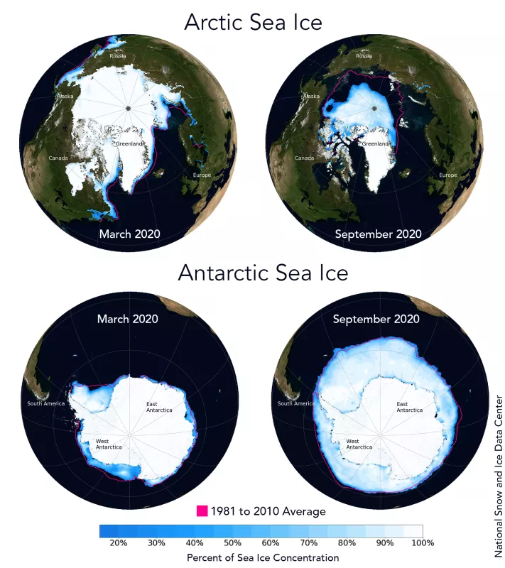 Comparison of Arctic and Antarctic sea ice for March and September 2020