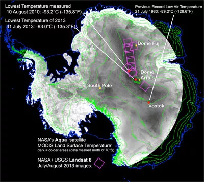 Map of the coldest temperature measurements in Antarctica