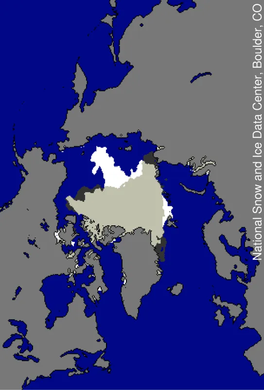 Map showing differences in ice-covered areas in the Arctic.