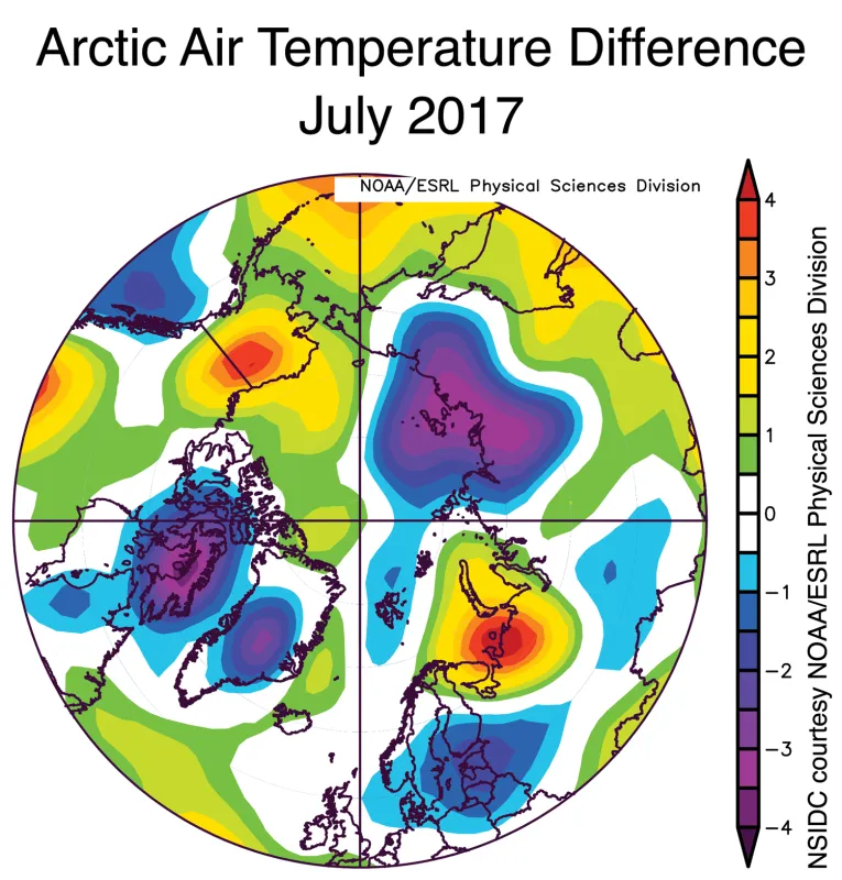 he plot shows Arctic air temperature differences relative to the 1981 to 2010 long-term average at the 925 hPa level (about 2,500 feet above sea level) in degrees Celsius. 