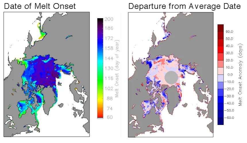 The plot on the left shows the average melt onset dates in day of the year. The plot on the right shows departures from the average melt onset dates in number of days. 