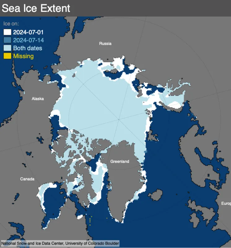 This map compares Arctic sea ice extents between July 1, 2024 and July 14, 2024 using the NSIDC comparison tool