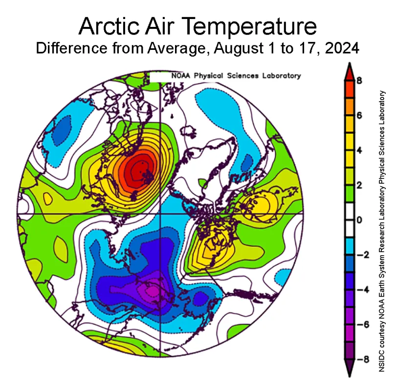 Figure 2a. This plot shows the departure from the 1991-to-2020 average air temperature in the Arctic at the 925 hPa level, in degrees Celsius, from August 1 to 17, 2024. Yellows and reds indicate above average temperatures; blues and purples indicate below average temperatures.