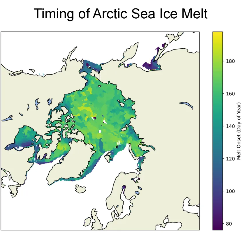 Figure 3a. This map shows the date of sea ice melt onset in the Arctic for the 2024 melt season. Shades in purple depict early melt, while shades in yellow depict melt later in the season.