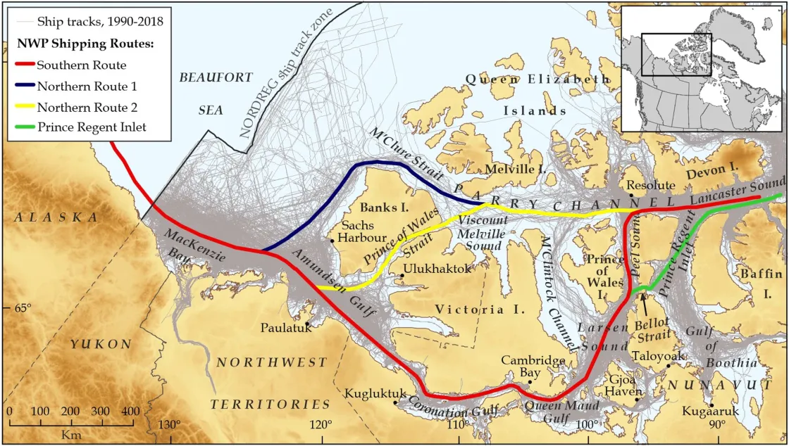 Figure 4c. This map shows all ship tracks from 1990 to 2018 as grey lines, and shipping routes in four different line colors along the Northwest Passage (NWP).