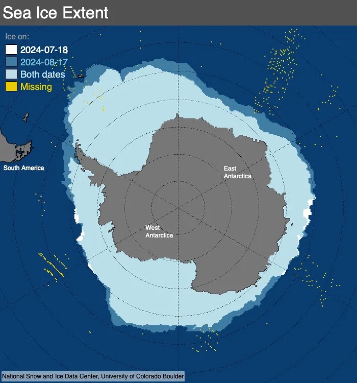 Figure 7. This map compares Antarctic sea ice extents between July, 18, 2024, in white, and August 17, 2024, in blue, using the NSIDC sea ice comparison tool.