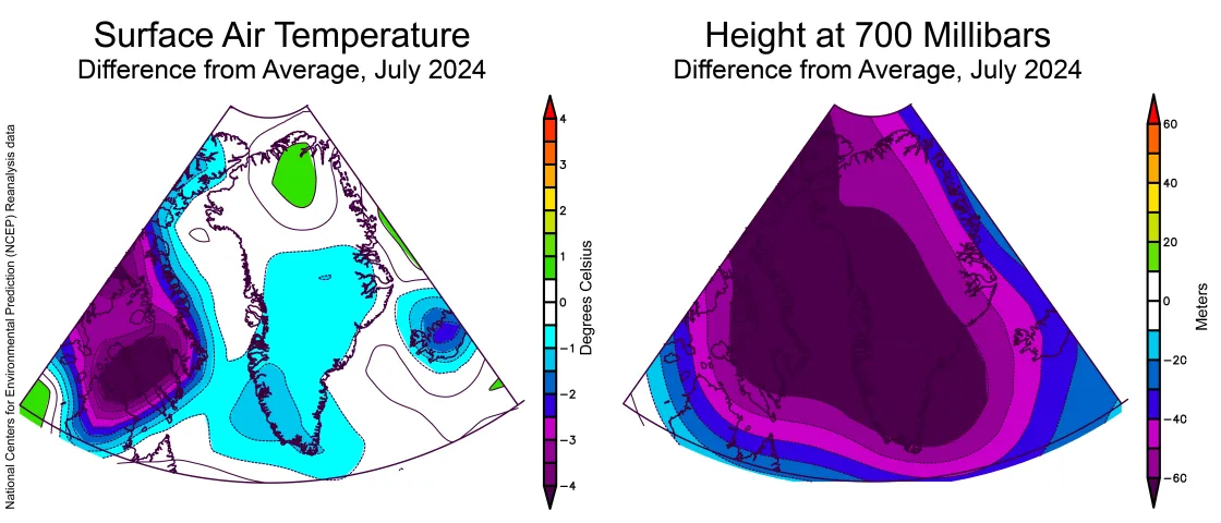 Air temperature and height at 700 millibars for July 2024