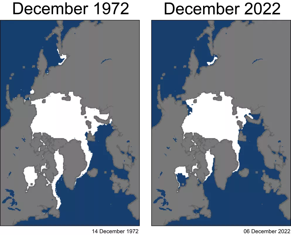 These satellite images show Arctic sea ice extent in December 1972 and 2022