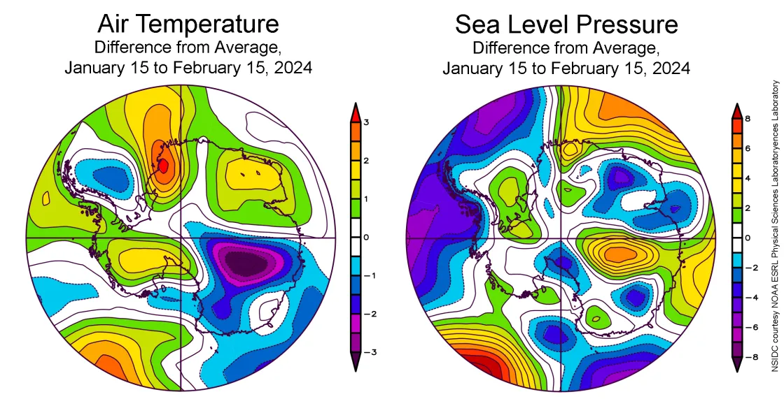 Air temperature and sea level pressure for Antarctica from January 15 February 15, 2024